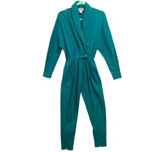 Small FADS 1980s Womens Teal Knit Jumpsuit Snap Bodice Pockets